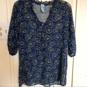 Blue Chiffon Blouse with Yellow Floral Pattern